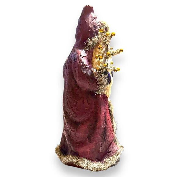 Retro Old World Style Santa Clause Figurine with VTG Tinsel & Tree Mixed Media - Picture 5 of 10